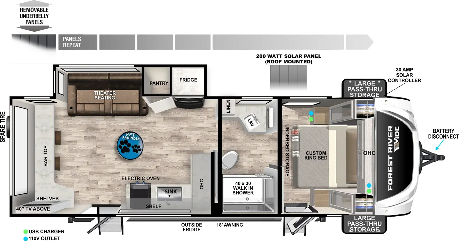 The Vibe 2400RB floorplan has two entries and one slide out. Exterior features include: fiberglass exterior and 18' awning. Interiors features include: front bedroom and pass through bathroom.